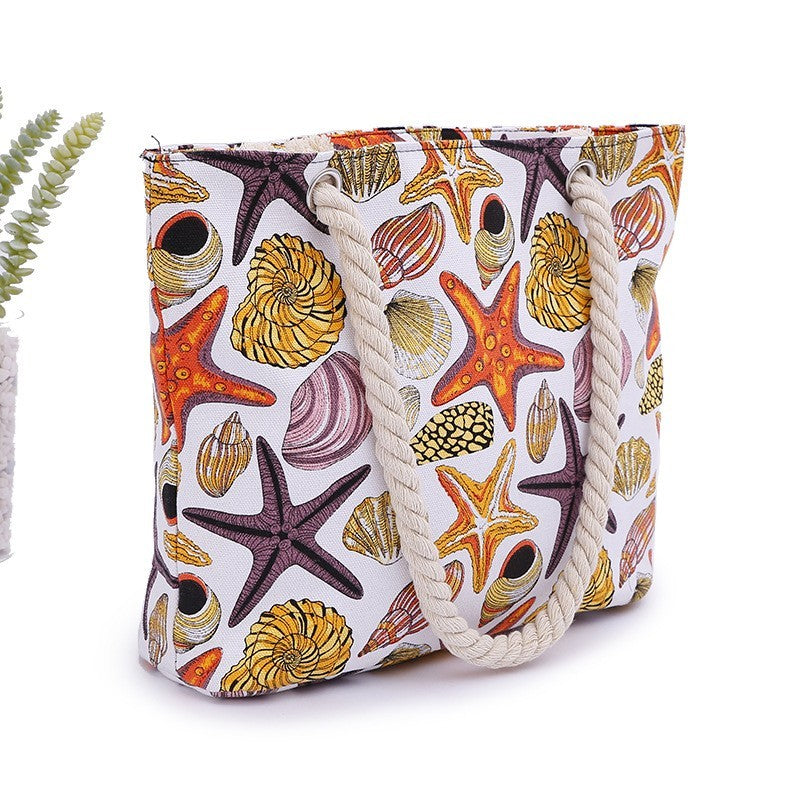 Canvas Starfish Print Tote Bag for Women Large Capacity Ocean Style Shoulder Bag