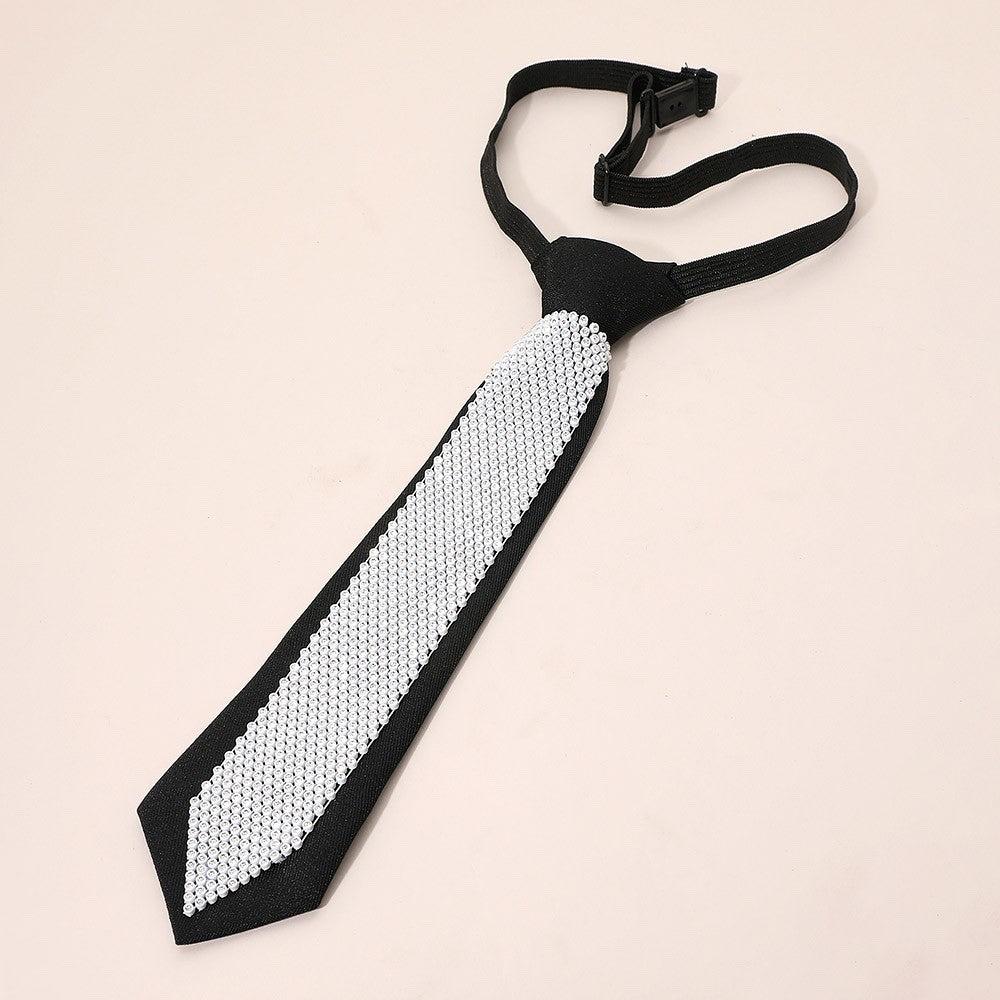 Black Necktie Style Rhinestone Necklace with Adjustable Elastic Strap - 22"