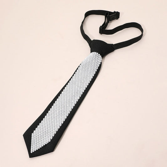 Black Necktie Style Rhinestone Necklace with Adjustable Elastic Strap - 22"