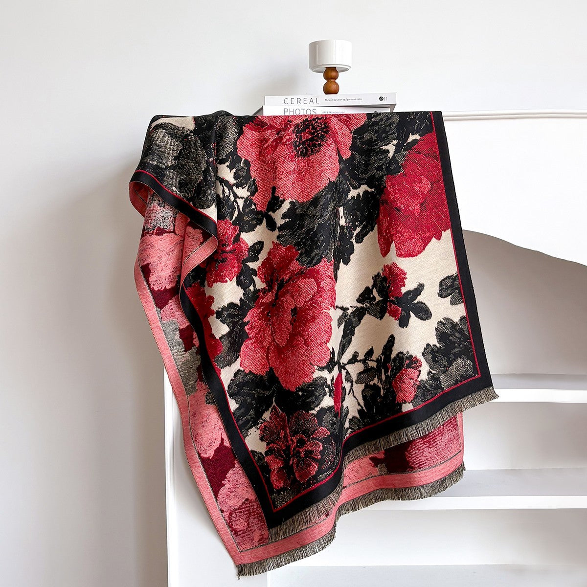 Large Red Black Floral Cashmere Feel Jacquard Oversized Shawl Scarf Wrap 73" x 2