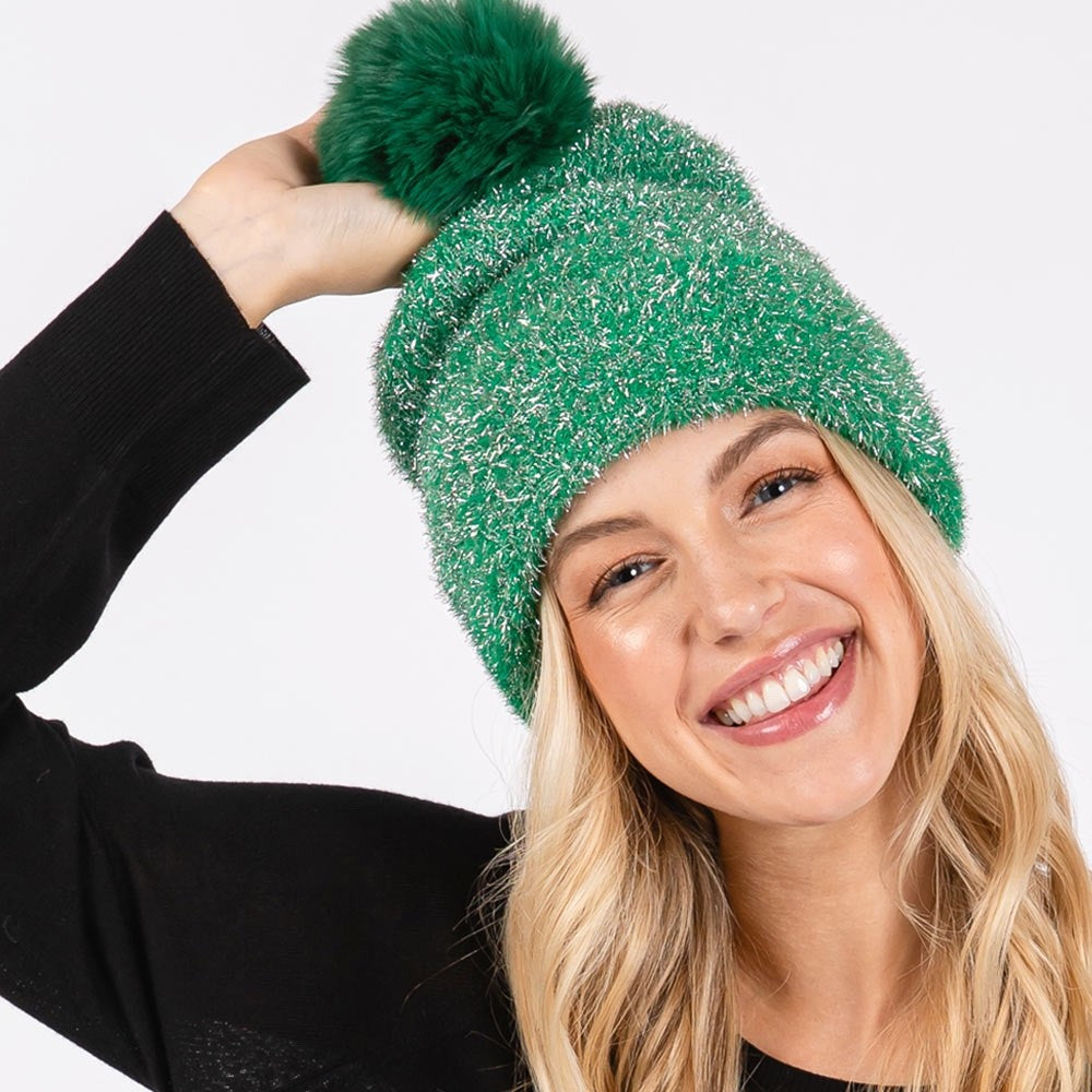 Green Metallic Tinsel Beanie with Faux Fur Pom - 100% Nylon Fleece Lined Hat