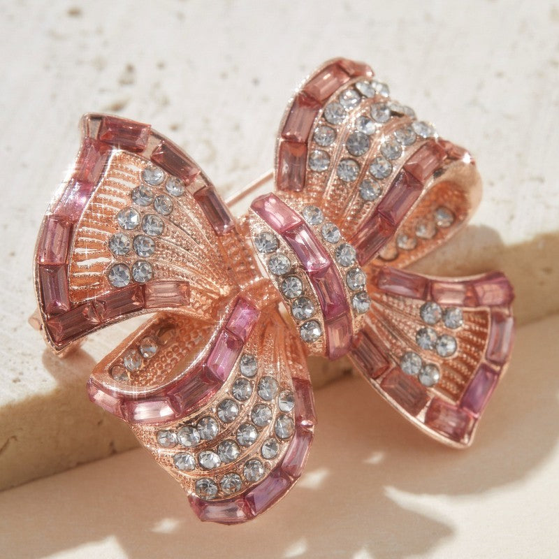 2pcs Sparkling Rhinestone Bow Brooch Pin Set Blue Pink Silver Tone Fashion