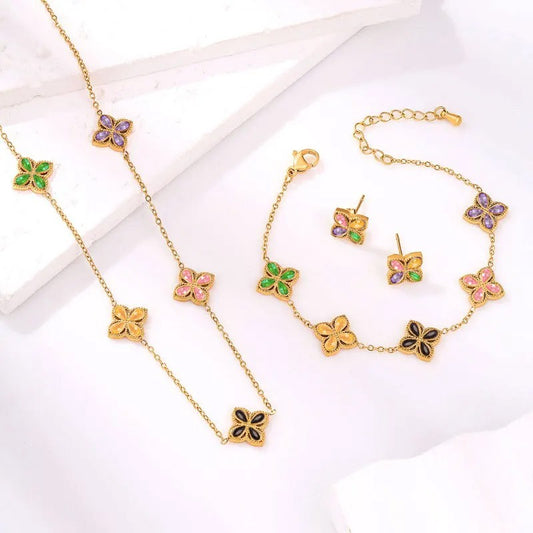 Gold Plated Multi-Color Flower Clover Necklace Bracelet Earrings Jewelry Set New