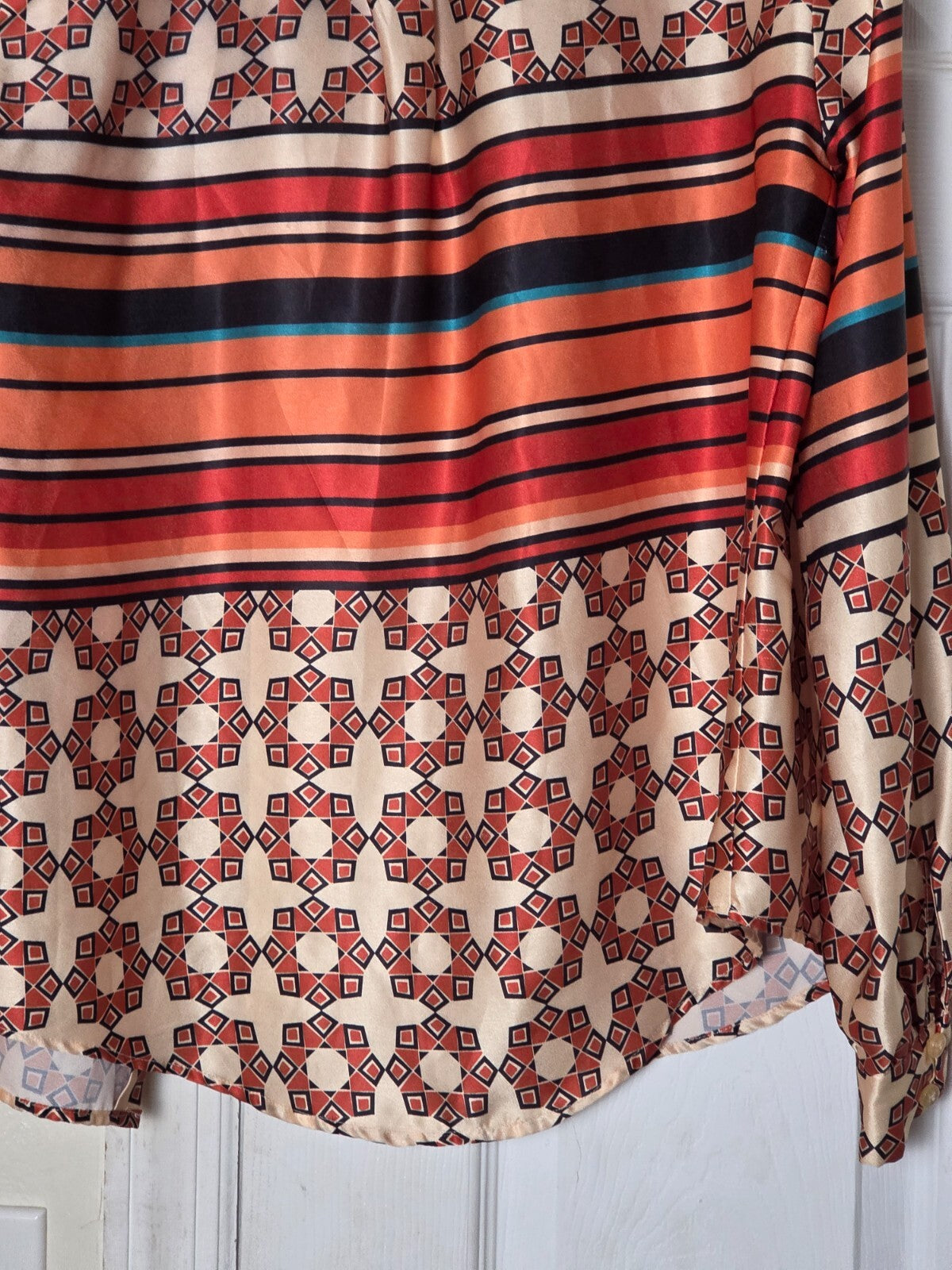 Getting in the Groove Ivory Striped Geo Print Button Up Top Small  for Women 