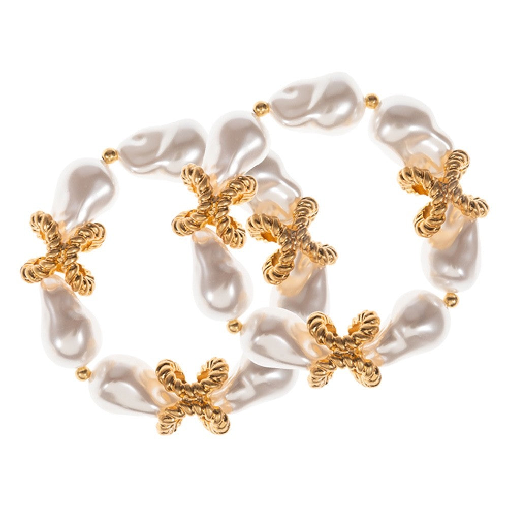 2pc Elegant Baroque Faux Pearl Stretch Bracelet Set Gold Tone Statement Accents