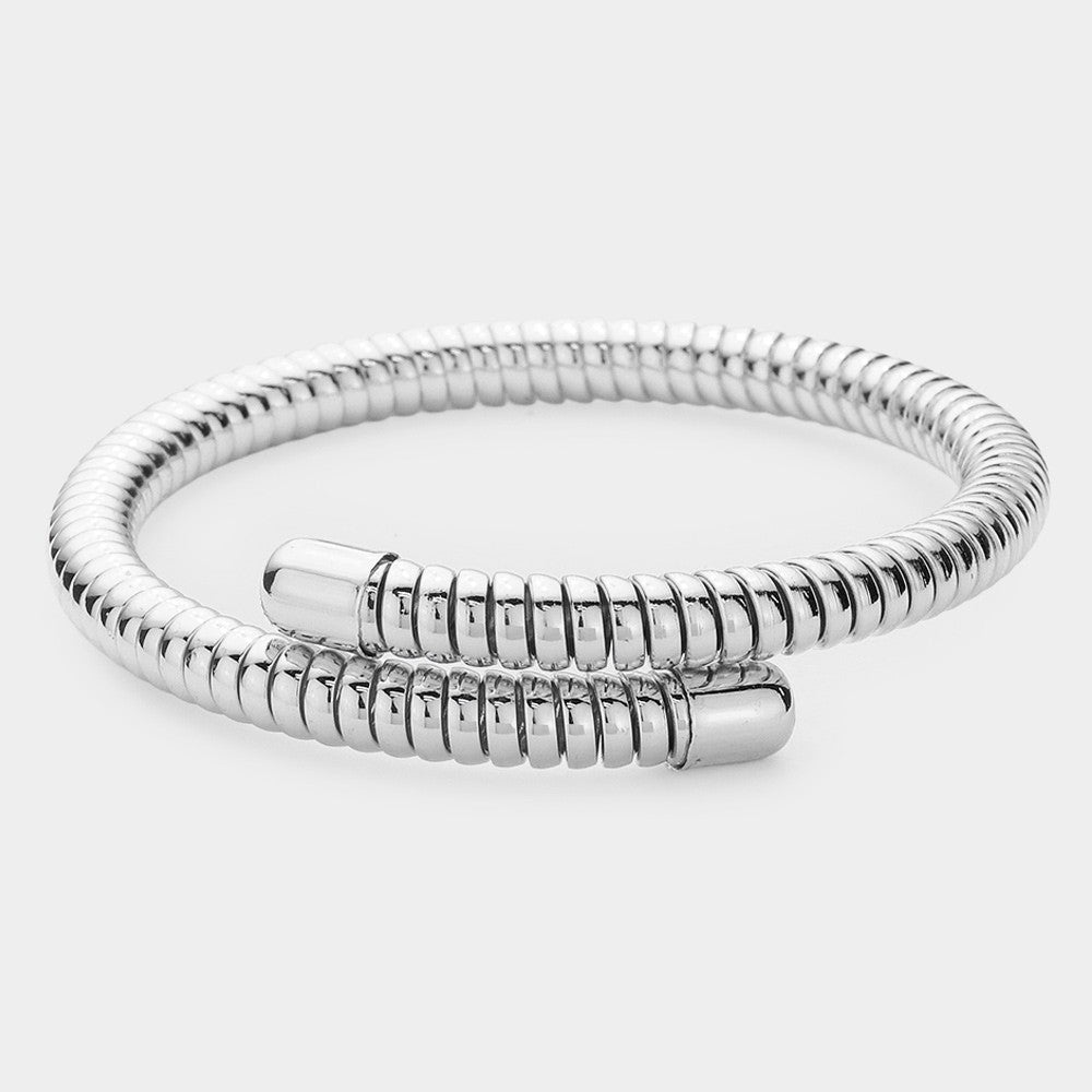 Silver Coil Wrap Bracelet Adjustable Ribbed Metal Statement Jewelry Gift