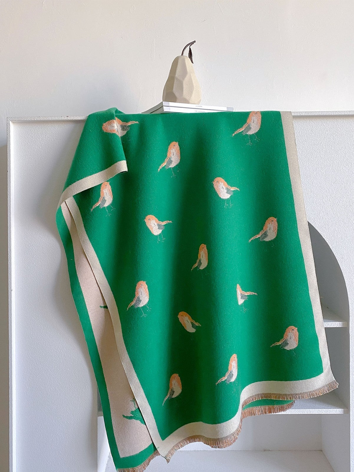 Luxurious Green Knit Wool Feel Shawl Scarf with Bird Motif Unisex Winter Wrap