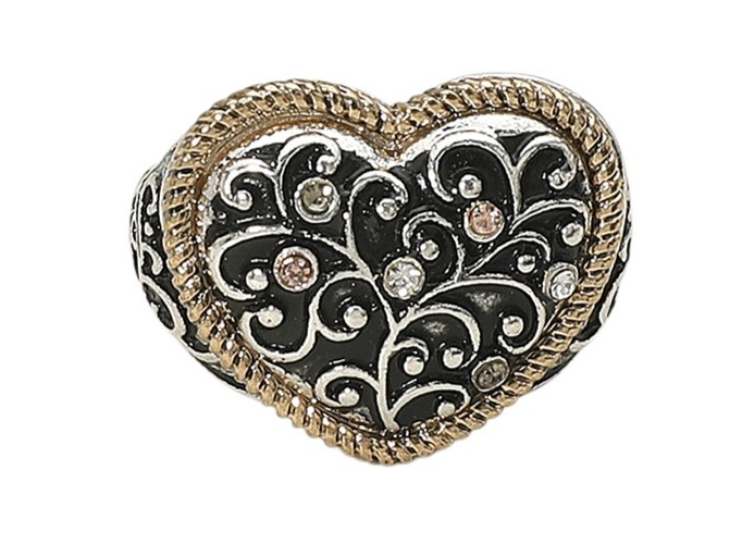 Vintage Filigree Heart Statement Ring  Lady Two-Tone Rope Border Crystal Accents