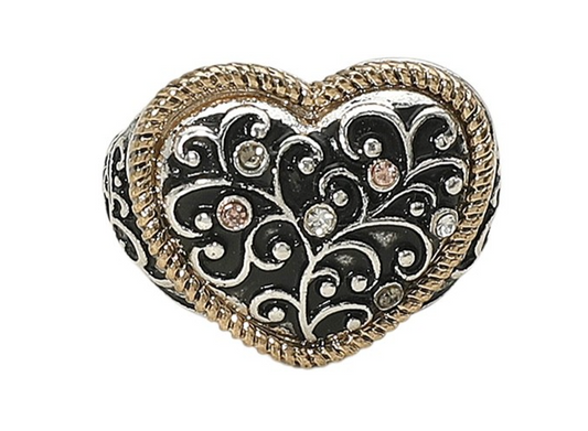 Vintage Filigree Heart Statement Ring  Lady Two-Tone Rope Border Crystal Accents