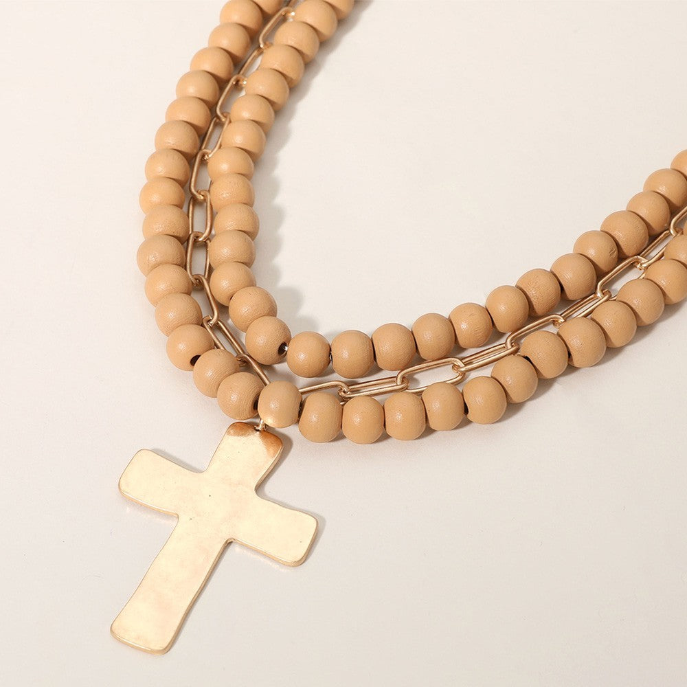 Beige Multi-Strand Beaded Necklace with Gold Cross Pendant Spiritual Layered