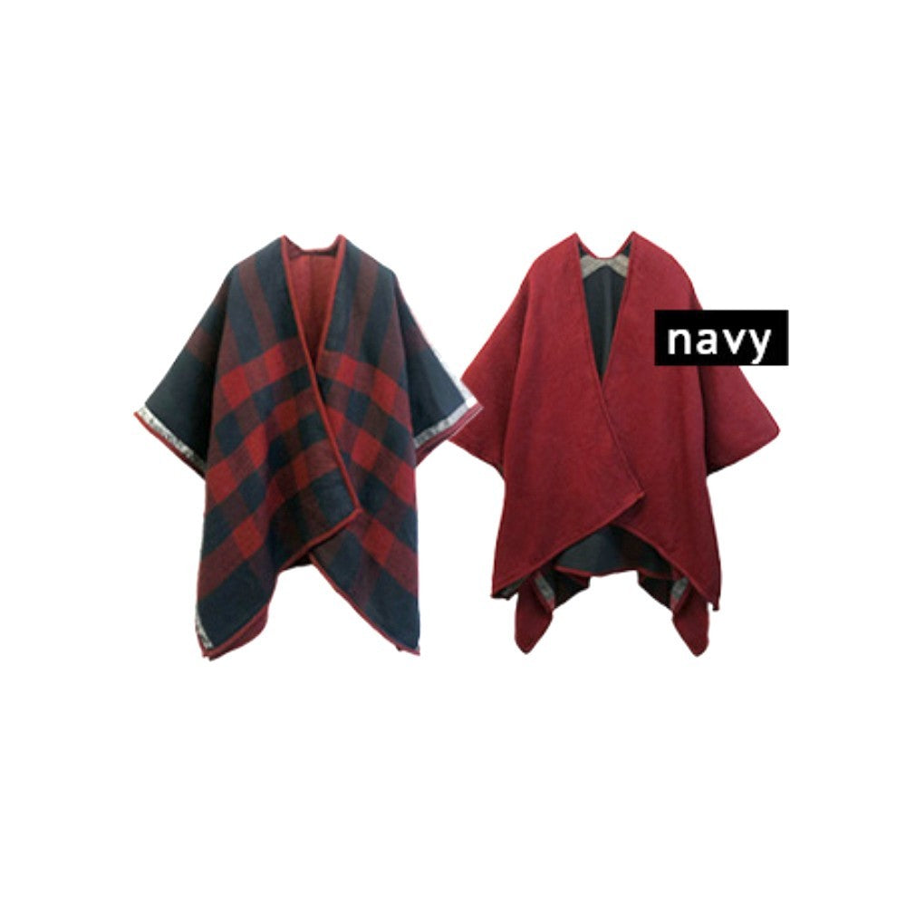 Reversible Red Black Plaid Poncho Woven Sleeve Trim Acrylic Wrap Cape for Women