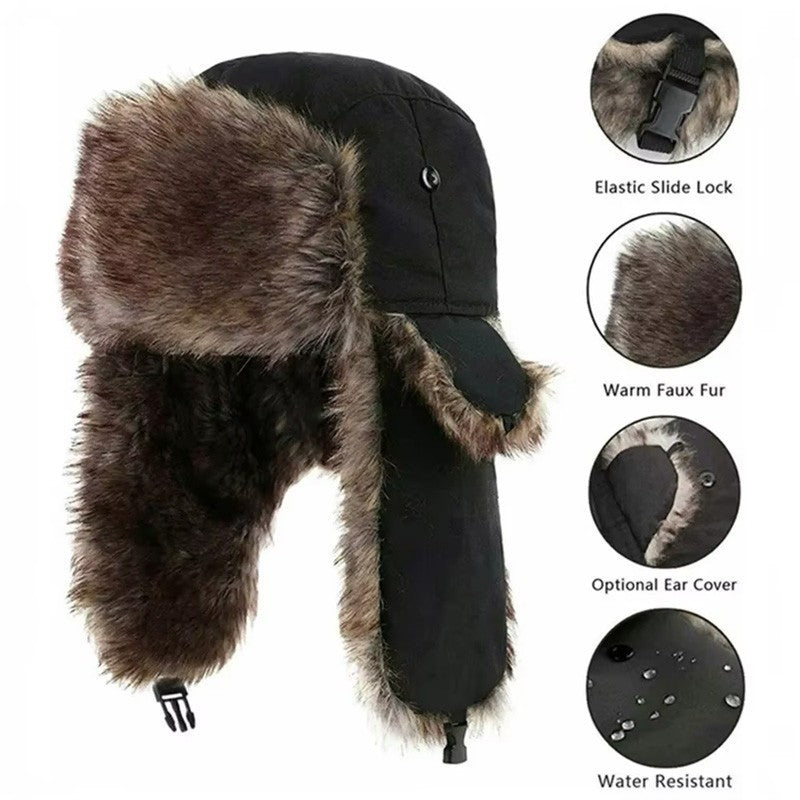 Black Faux Fur Trapper Hat Warm Winter Trooper Aviator Ski Cap Ear Flaps