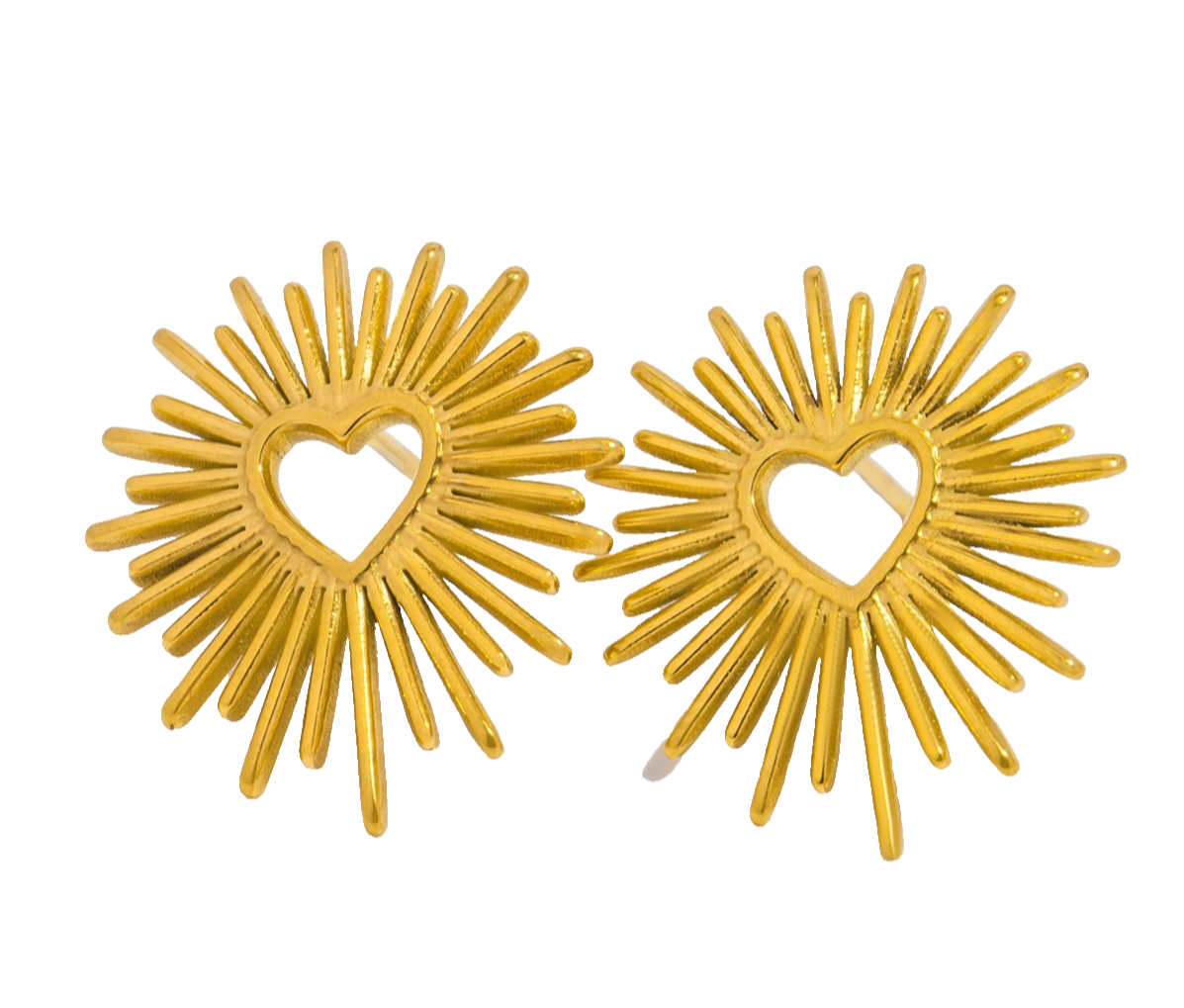 Golden Heart Sunburst Stud Earrings Stainless Steel Plated Hypoallergenic
