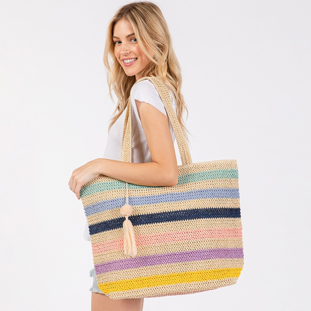 Multicolor Straw Crochet Tote Bag with Pom Pom Tassel for Women Summer Beach Bag