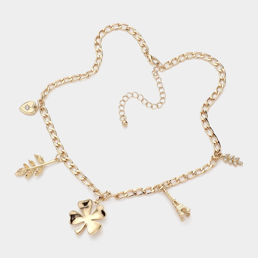 Good Luck Gold Tone Charm Necklace Set Eiffel Tower Heart Clover Leaf Earrings