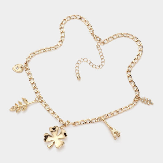 Good Luck Gold Tone Charm Necklace Set Eiffel Tower Heart Clover Leaf Earrings
