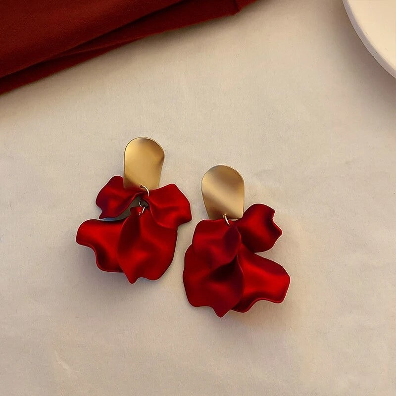 Red Flower Petal Drop Earrings Gold Statement Dangle Wedding Jewelry Fashion