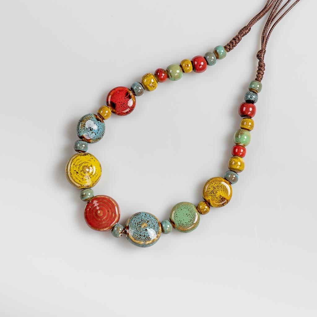 Colorful Round Beaded Ceramic Necklace Handmade Retro Boho Jewelry for Women