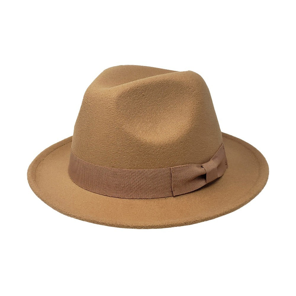 Men & Women Classic Fedora Hat Felt Tan Wide Brim with Bow Accent Ribbon Band