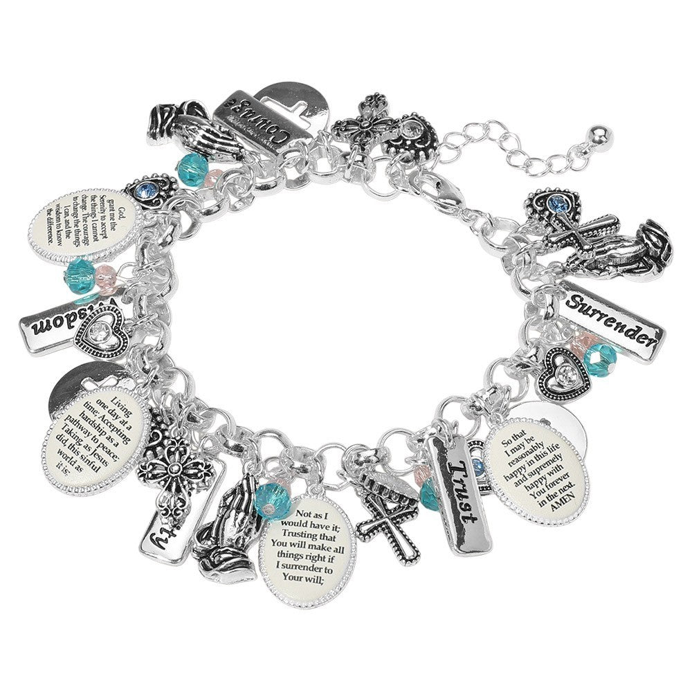 Silver Tone Religious Charm Bracelet with Cross Praying Hands Faith Jewelry