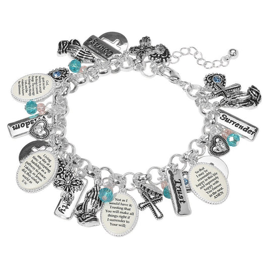 Silver Tone Religious Charm Bracelet with Cross Praying Hands Faith Jewelry