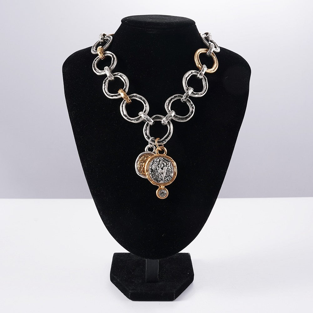 Two Tone Chunky Link Roman Coin Pendant Necklace Zircon Copper Mixed Metal