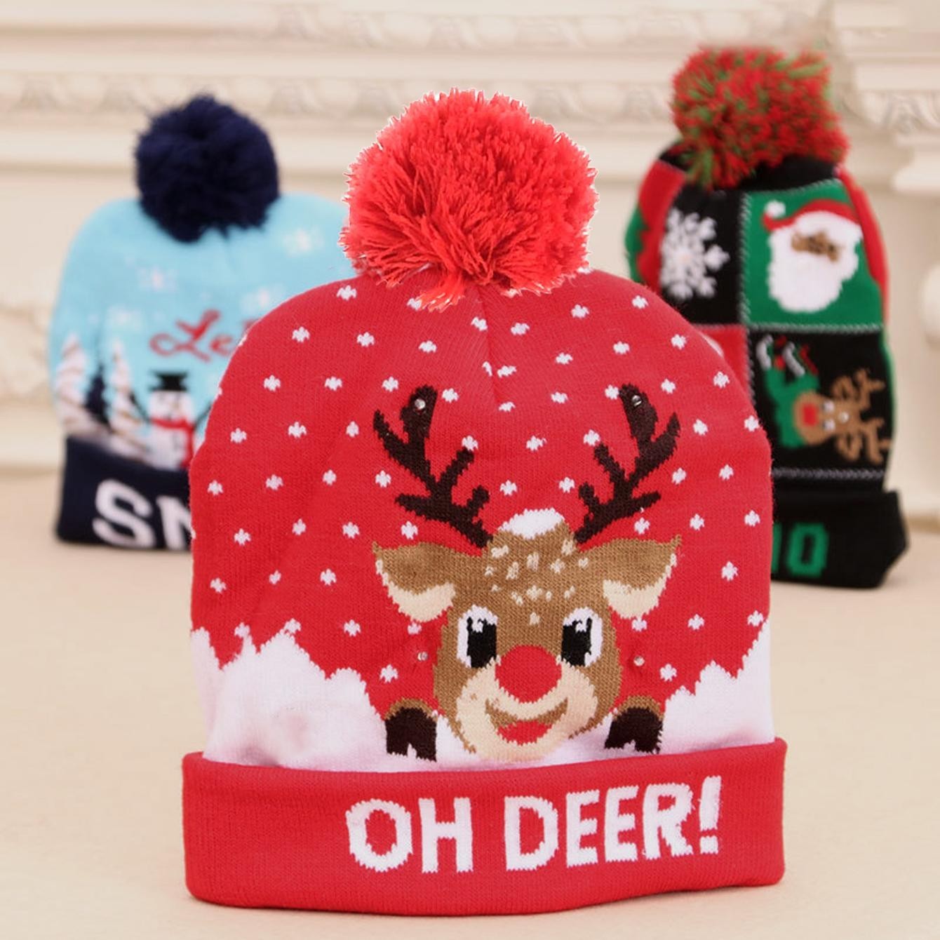 2-Pack LED Christmas Beanie Hats Flashing Holiday Light Up Knit Cap Fun