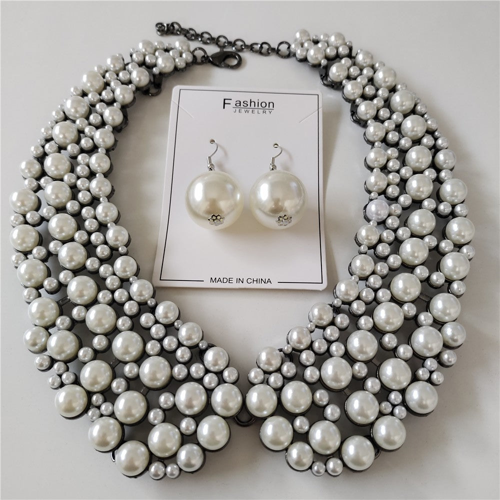 2pcs Statement Faux Pearl Bib Necklace and Oversized Pearl Drop Earring Set