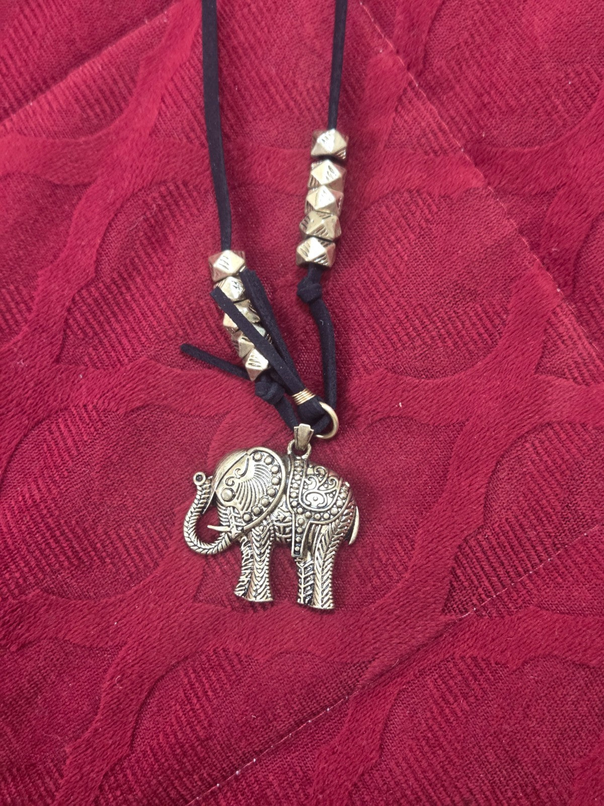 Long Bohemian Elephant Pendant Necklace & Stud Earrings Set Black Cord