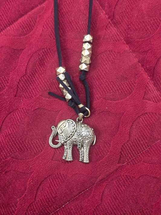 Long Bohemian Elephant Pendant Necklace & Stud Earrings Set Black Cord