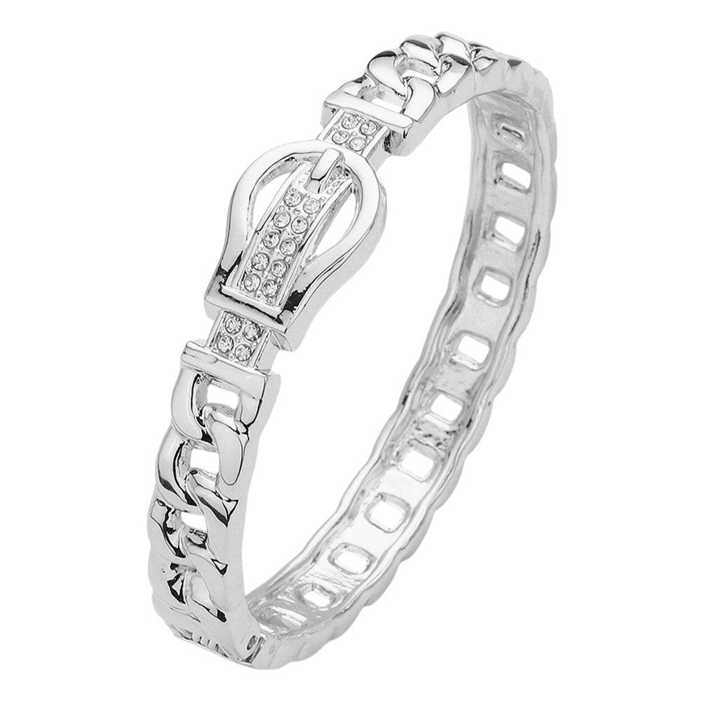 Silver  Tone Rhinestone Buckle Curb Chain Link Hinged Bangle Bracelet for Women