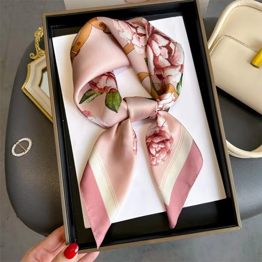 Women's Pink Peony Floral Silk Feel Square Scarf 27.5" Satin Head Neck Wrap