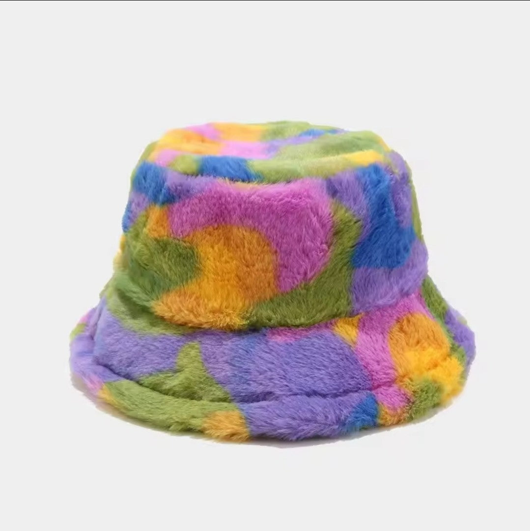 Fuzzy Tie Dye Bucket Hat Multi-Color Rainbow Faux Fur Festival Y2K Streetwear