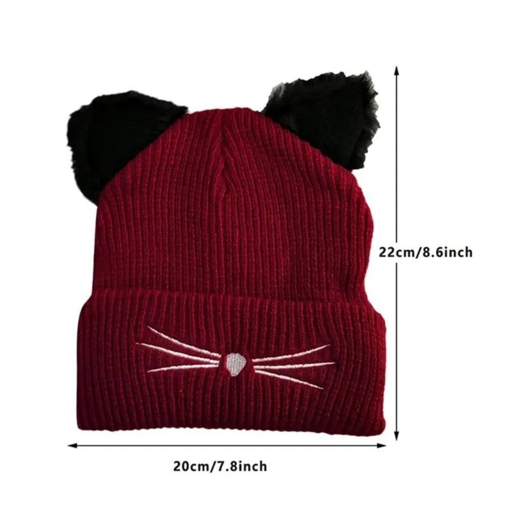 3pcs Women Cat Ear Beanie Hat Set Knit Skull Cap Winter Warm Faux Fur Pom Pom