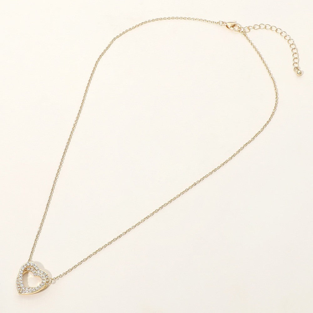 SECRET BOX 14K Gold Dipped CZ Stone Paved Twin Heart Pendant Necklace Adjustable