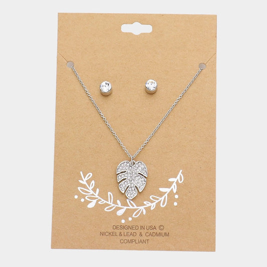 2pcs Silver Monstera Leaf Pendant Necklace Rhinestone Stud Earrings