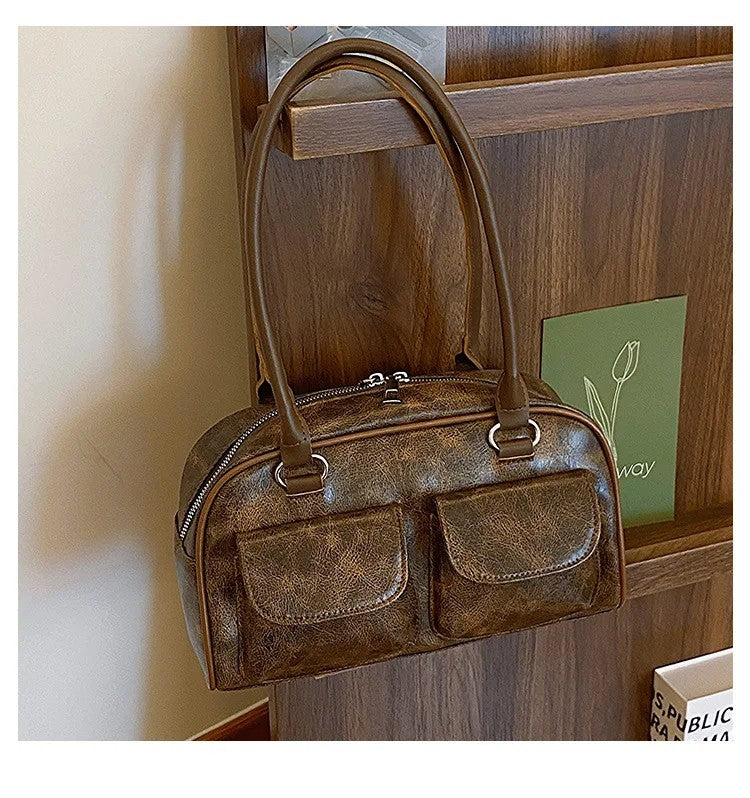 Vintage Y2K Distressed Brown Faux Leather Bowling Bag Double Pocket Shoulder Bag