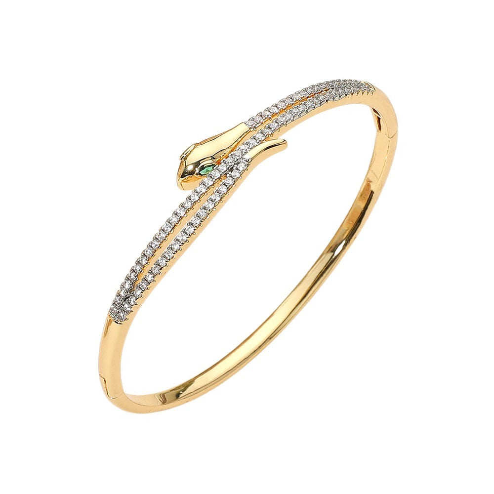 Secret Box Stainless Steel Rhinestone Pave Sleek Snake Hinged Bangle Bracelet