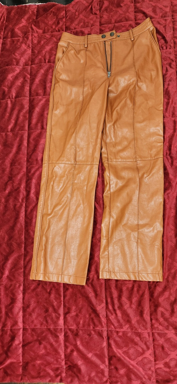 Elevated Option Brown Vegan Leather Straight Leg Pants Zip-Front Medium Lulus
