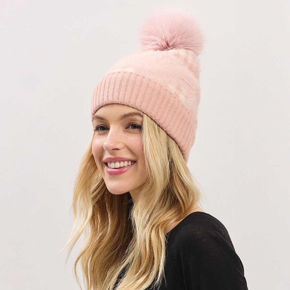 Women's Winter Beanie Hat One Size Pink Plaid Pattern Faux Fur Pom Pom Accent
