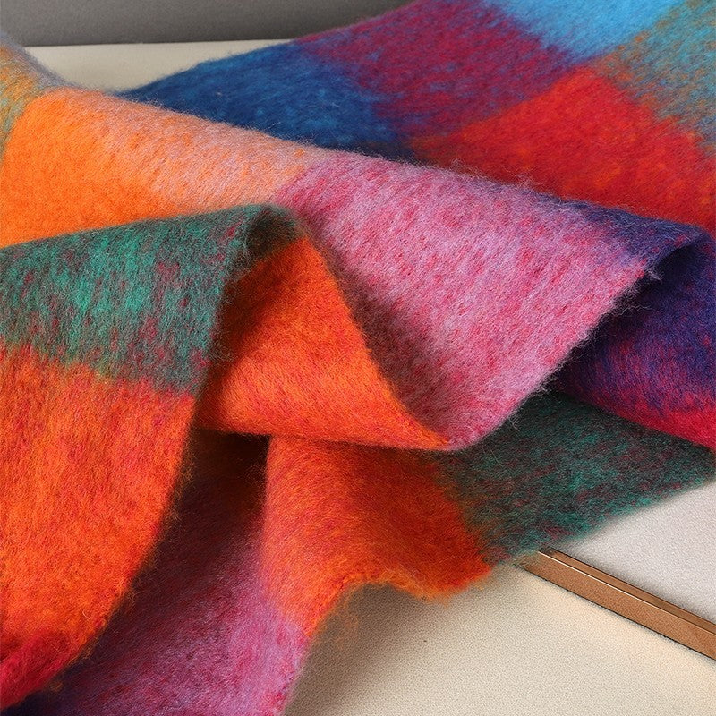 Vibrant Plaid Pom Pom Tassel Scarf Oversized Fuzzy Fluffy Shawl Wrap