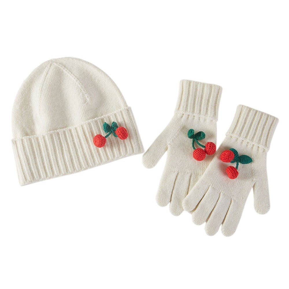 Womens OS Cozy Cherry Accent Winter Beanie Hat and Gloves Set 100% Acrylic Ivory