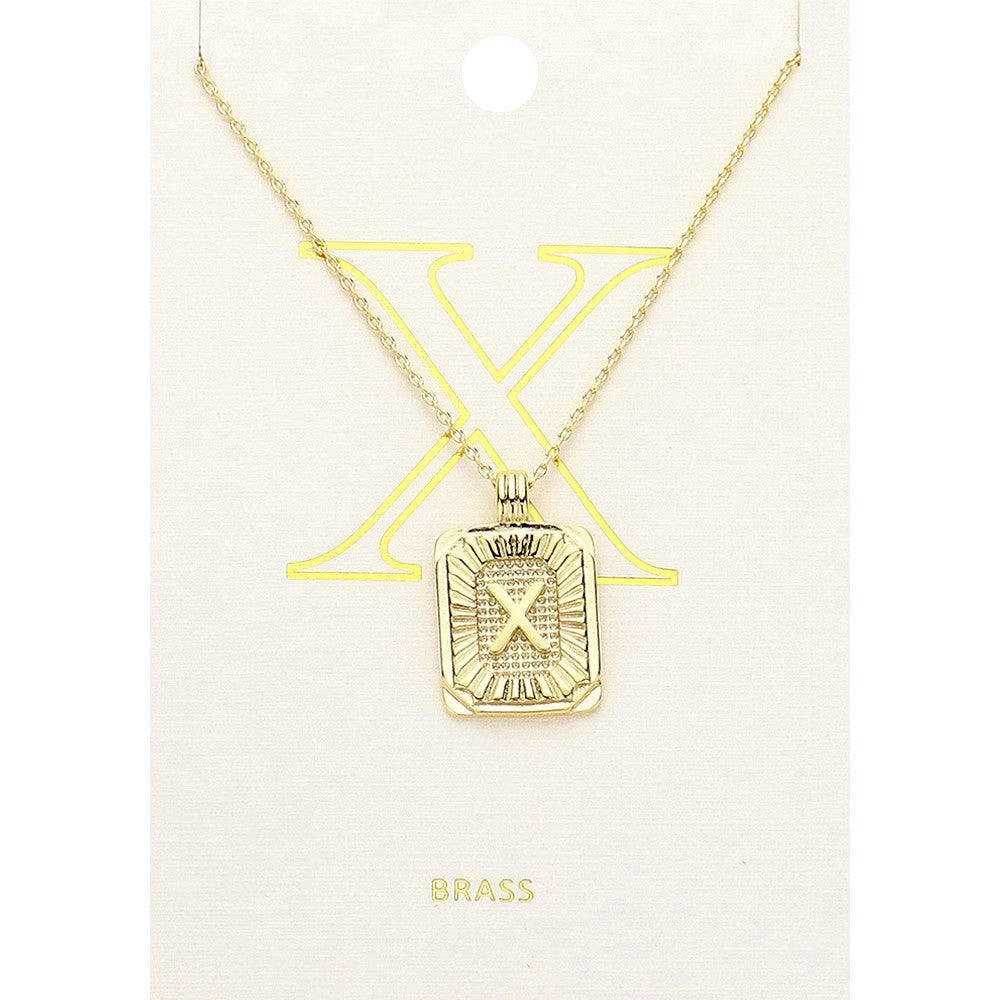 Gold Initial "X" Rectangular Sunburst Pendant Necklace Brass Fashion Jewelry