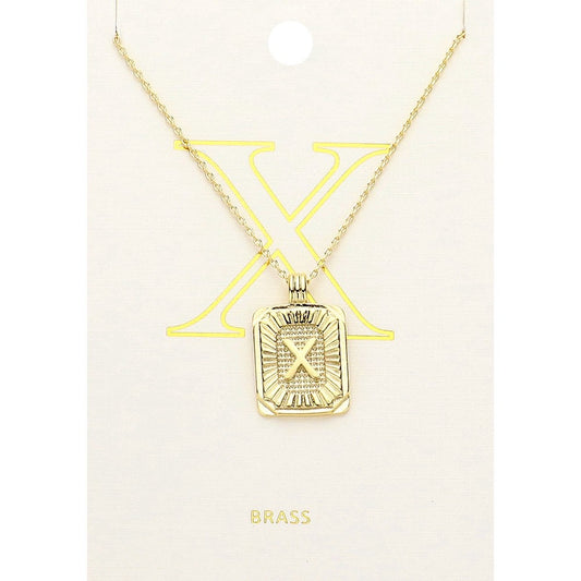 Gold Initial "X" Rectangular Sunburst Pendant Necklace Brass Fashion Jewelry