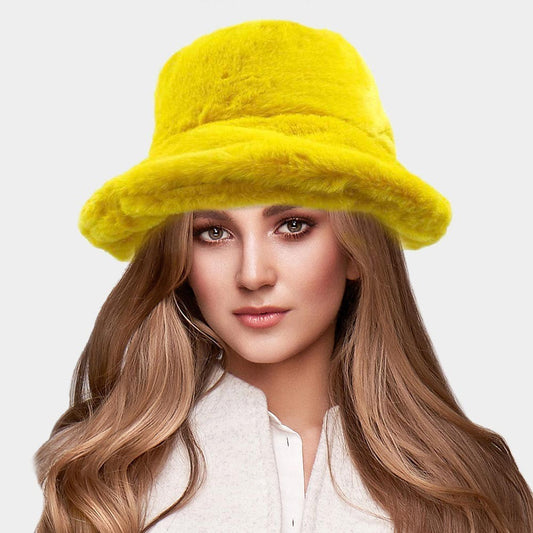2 Piece Womens Soft Faux Fur Bucket Hat OS Mustard Winter Headwear Moldable Brim