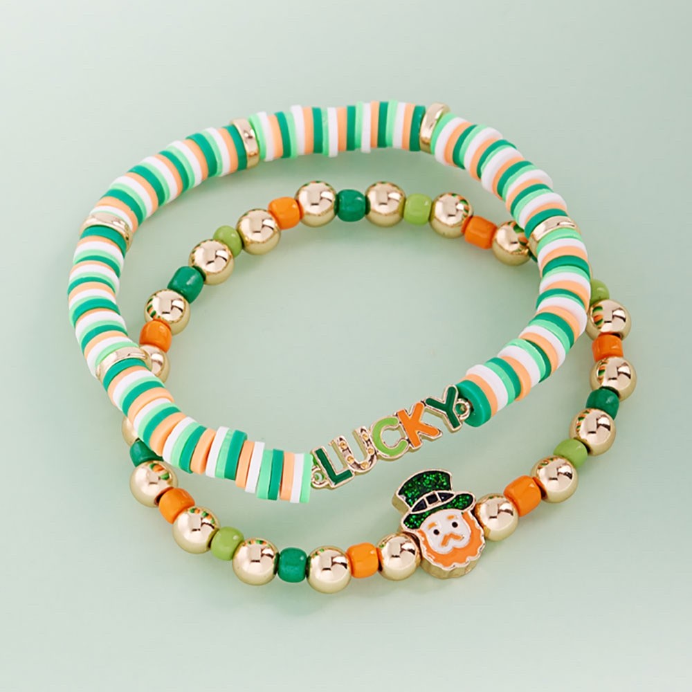 St. Patrick's Day Leprechaun & Lucky Bracelet Set - 2pc Green & Gold Stretch