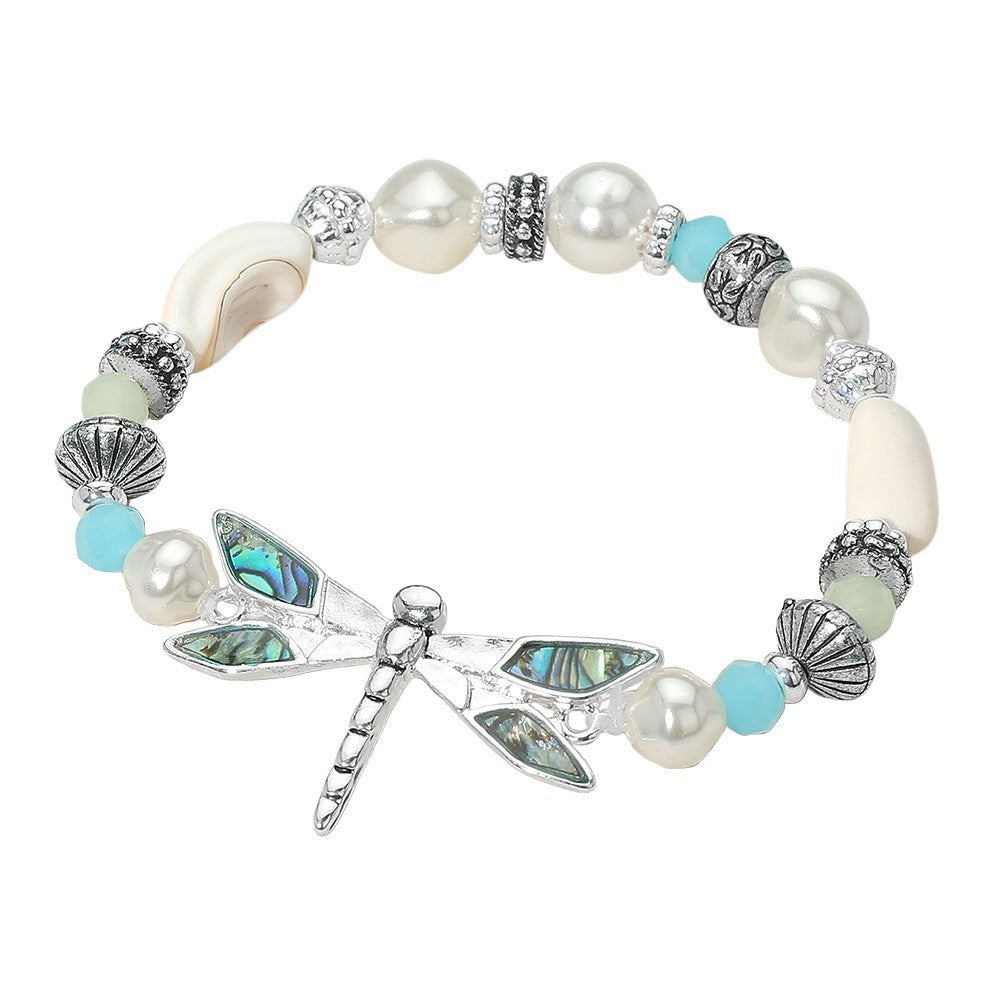 Abalone Dragonfly Stretch Bracelet Pearl and Beaded Accent Boho Nature Inspired