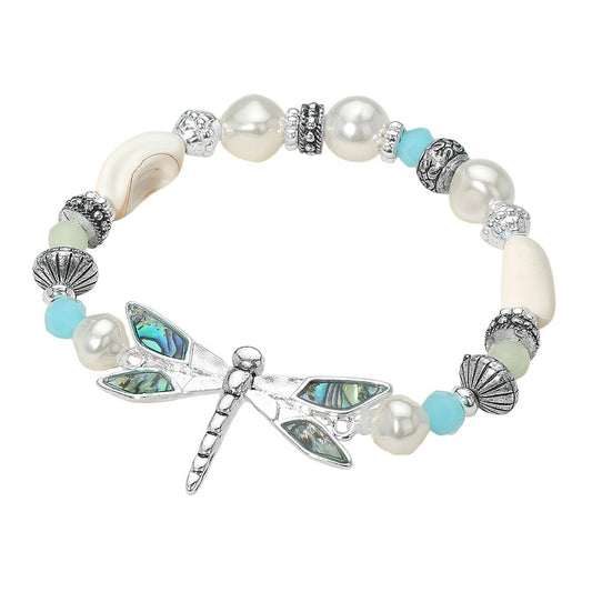 Abalone Dragonfly Stretch Bracelet Pearl and Beaded Accent Boho Nature Inspired