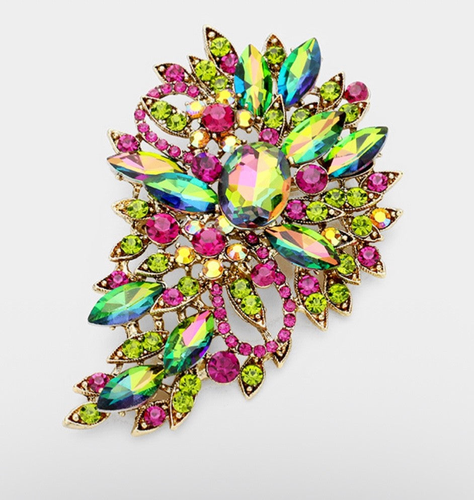 Multi-Color AB Crystal Floral Brooch Pin Gold Tone Iridescent Statement Jewelry