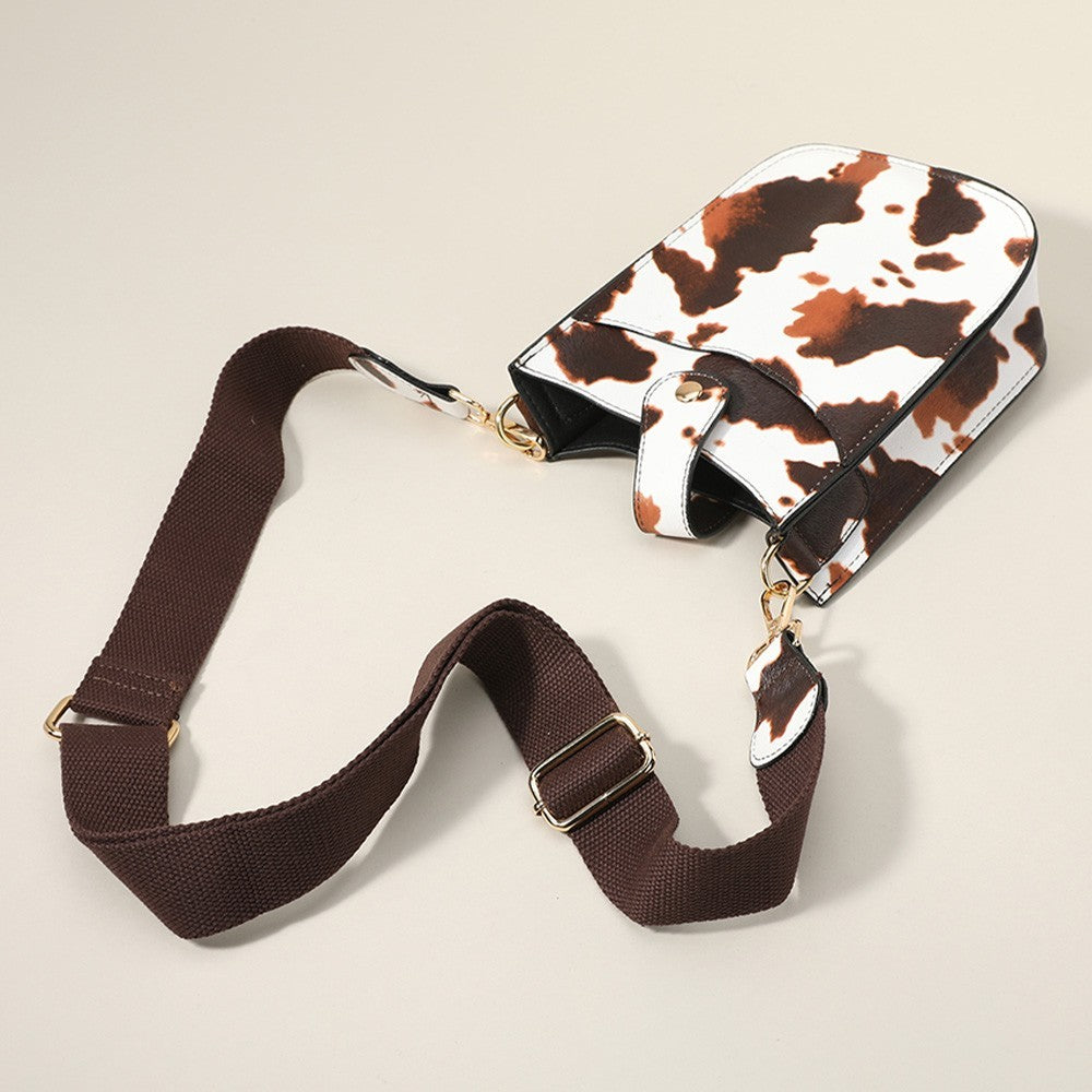 Cattle Patterned Faux Leather Crossbody Bag Black White with Magnetic Closure
